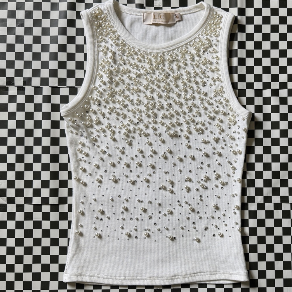 White Sleeveless Kids Top with Pearl Embellishments